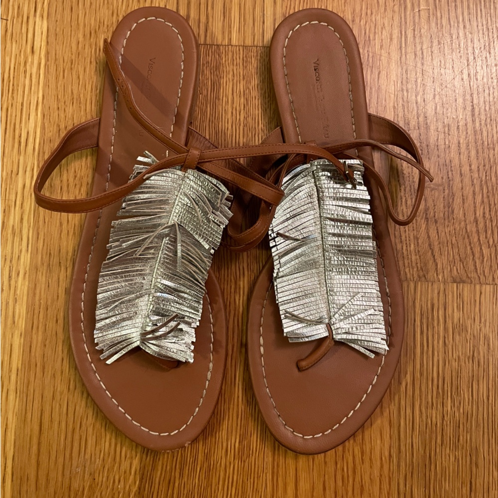 Visconti & Du Reau Metallic Silver Leather Sandal Size 41